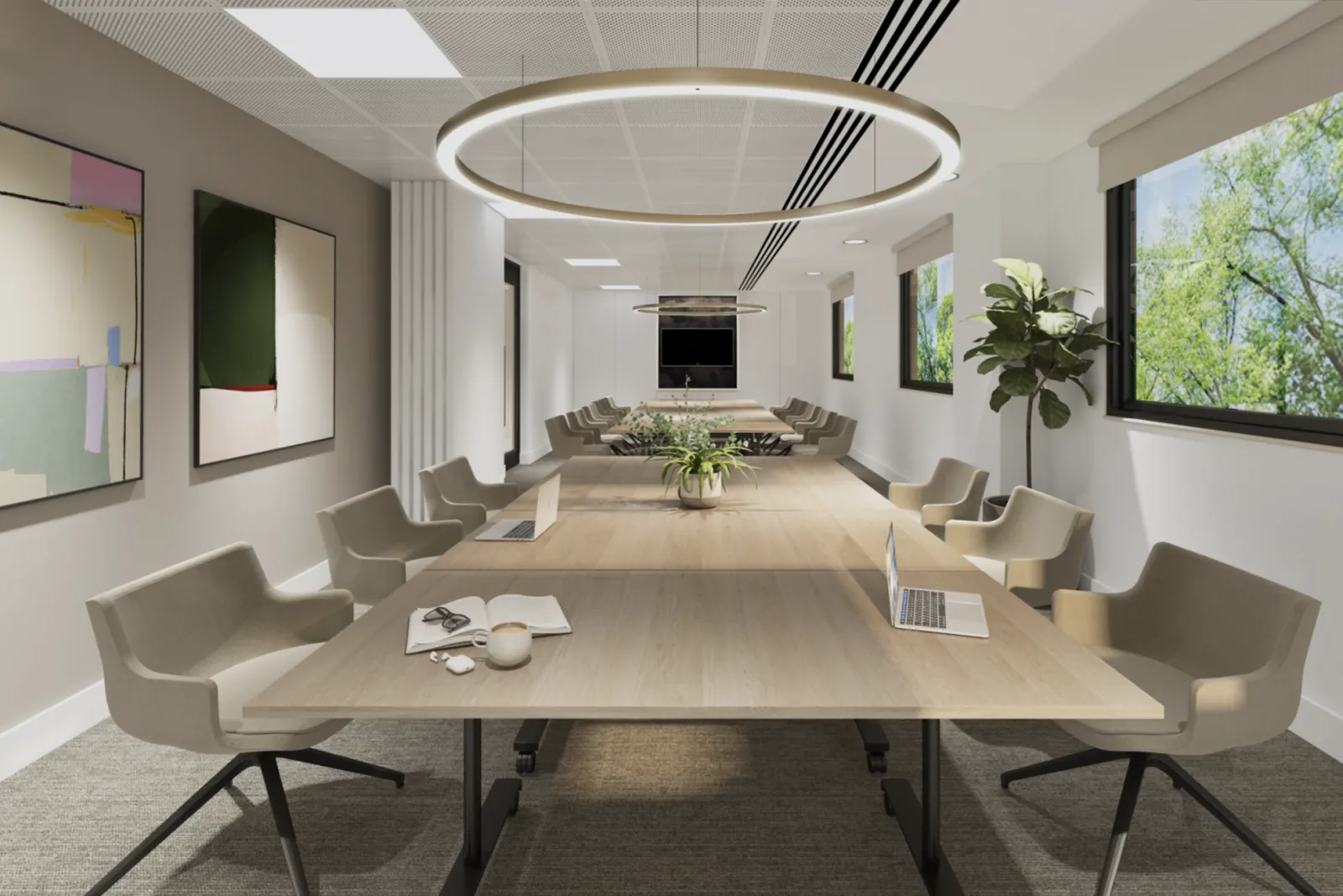 Meeting room render before the upgrade: flat light, empty room