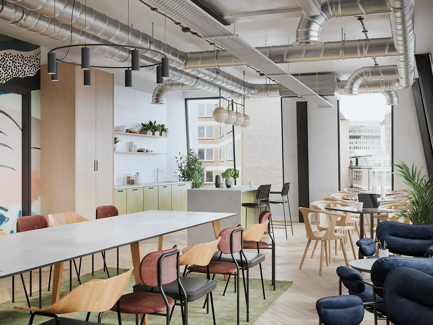 Modern office lounge area with exposed ductwork, stylish furniture, and large windows offering a city view.