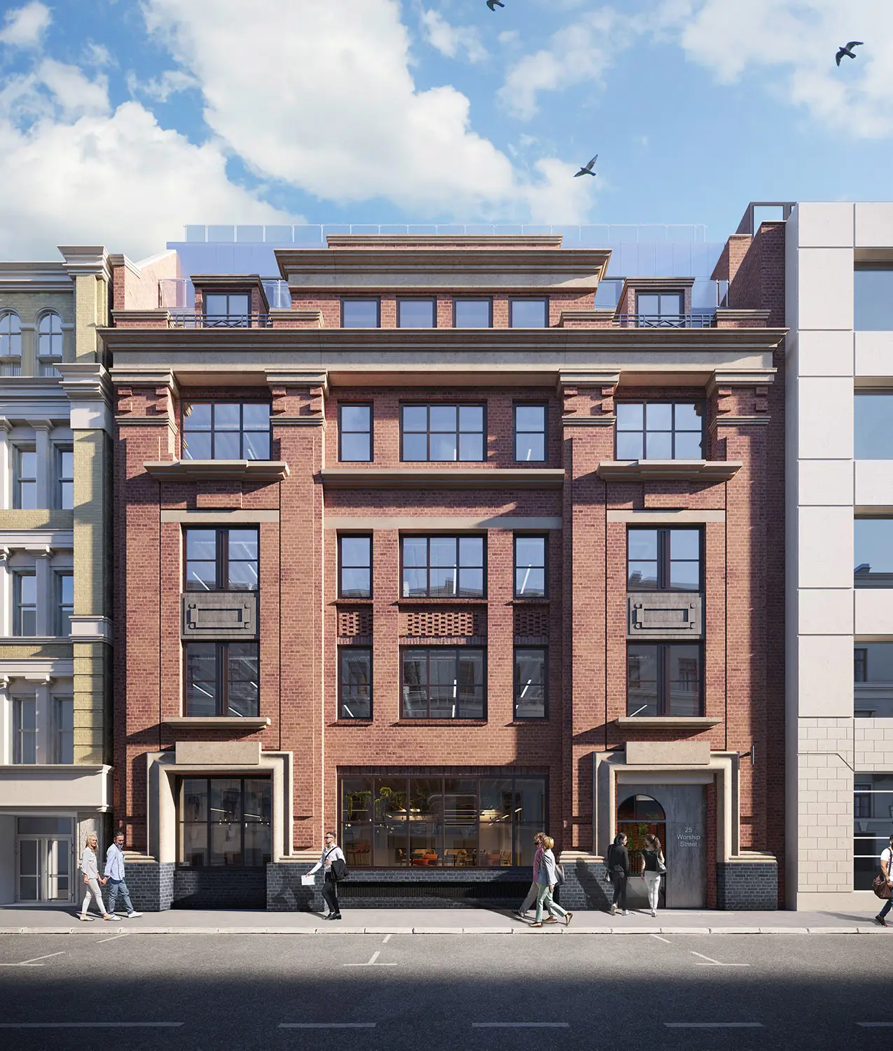 3D render of a modern red-brick building with large windows, pedestrians walking by, and a clear blue sky.