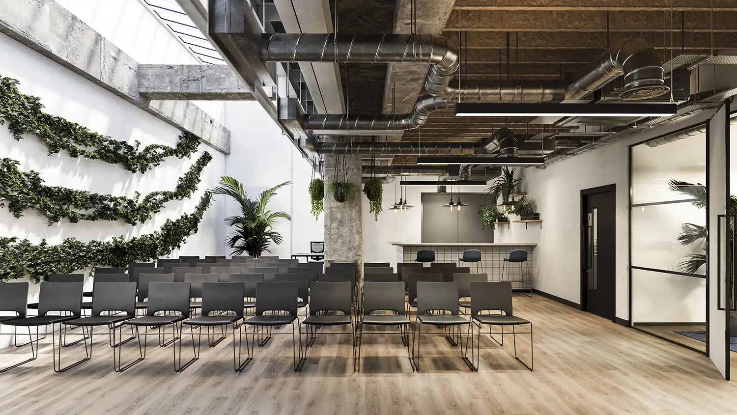 3D render of a modern industrial-style conference room with black chairs, exposed ducts, and green wall accents.