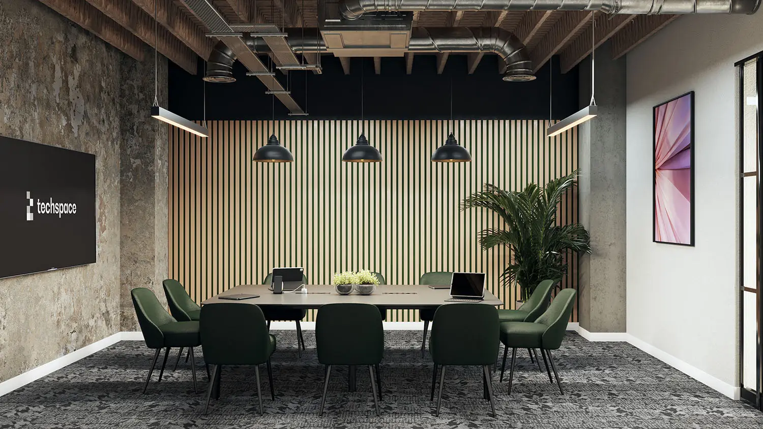 3D render of a modern conference room with a wooden accent wall, green chairs, and industrial ceiling.