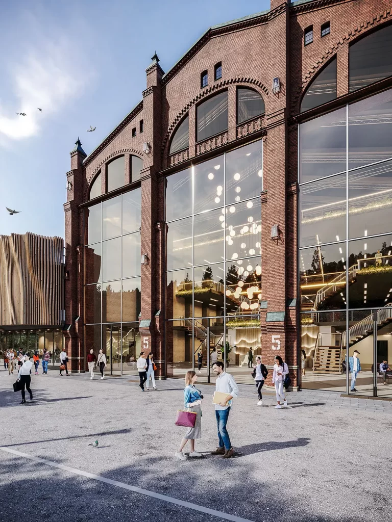 3D render of a historic brick building with large glass windows, modern interior lighting, and people gathering outside, by 100CGI Studio.