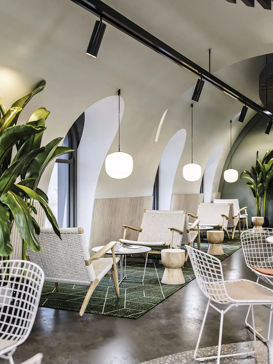 Modern indoor seating area with stylish chairs, pendant lights, and greenery in a curved space.