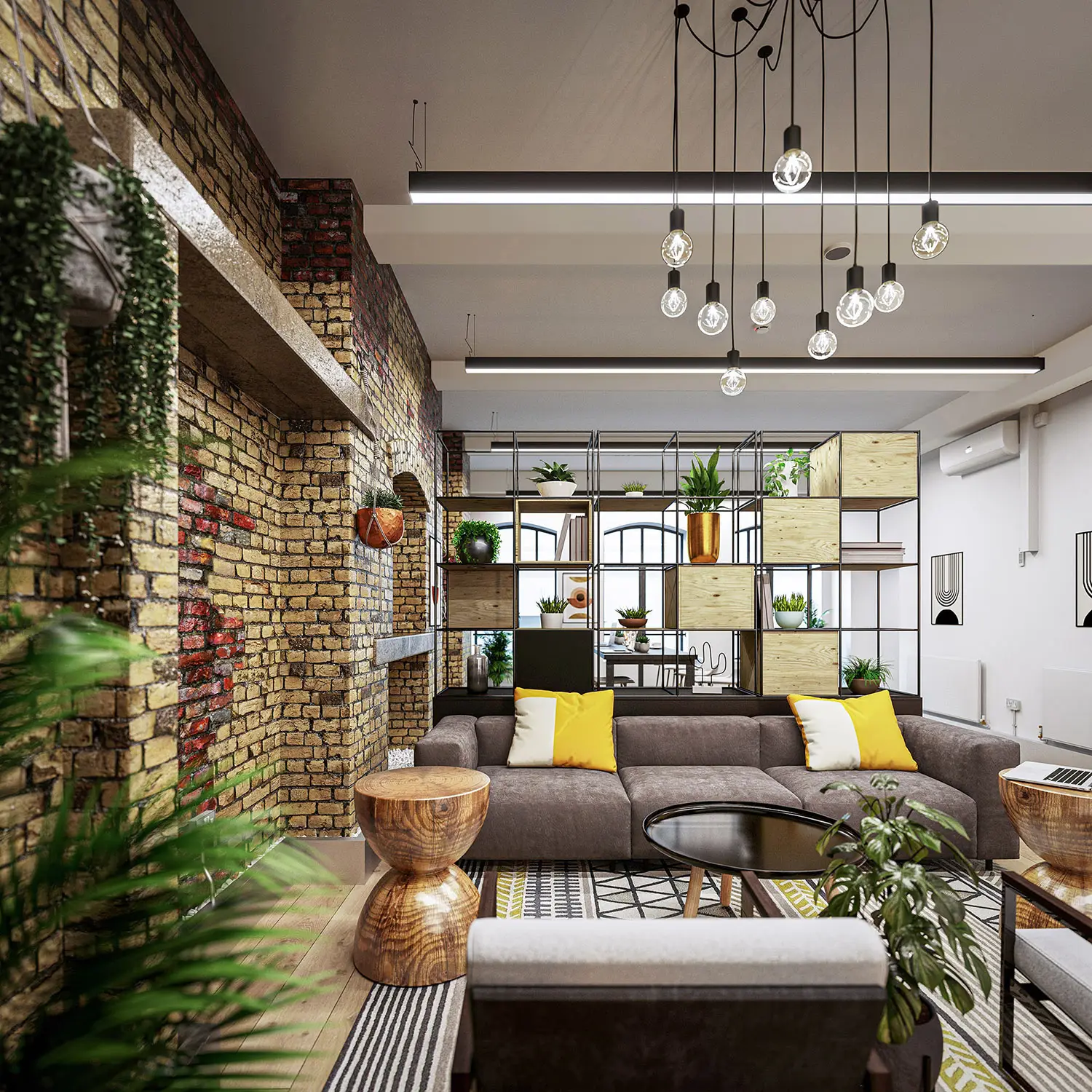 Stylish office lounge area with brick walls, modern furniture, greenery, and industrial lighting.