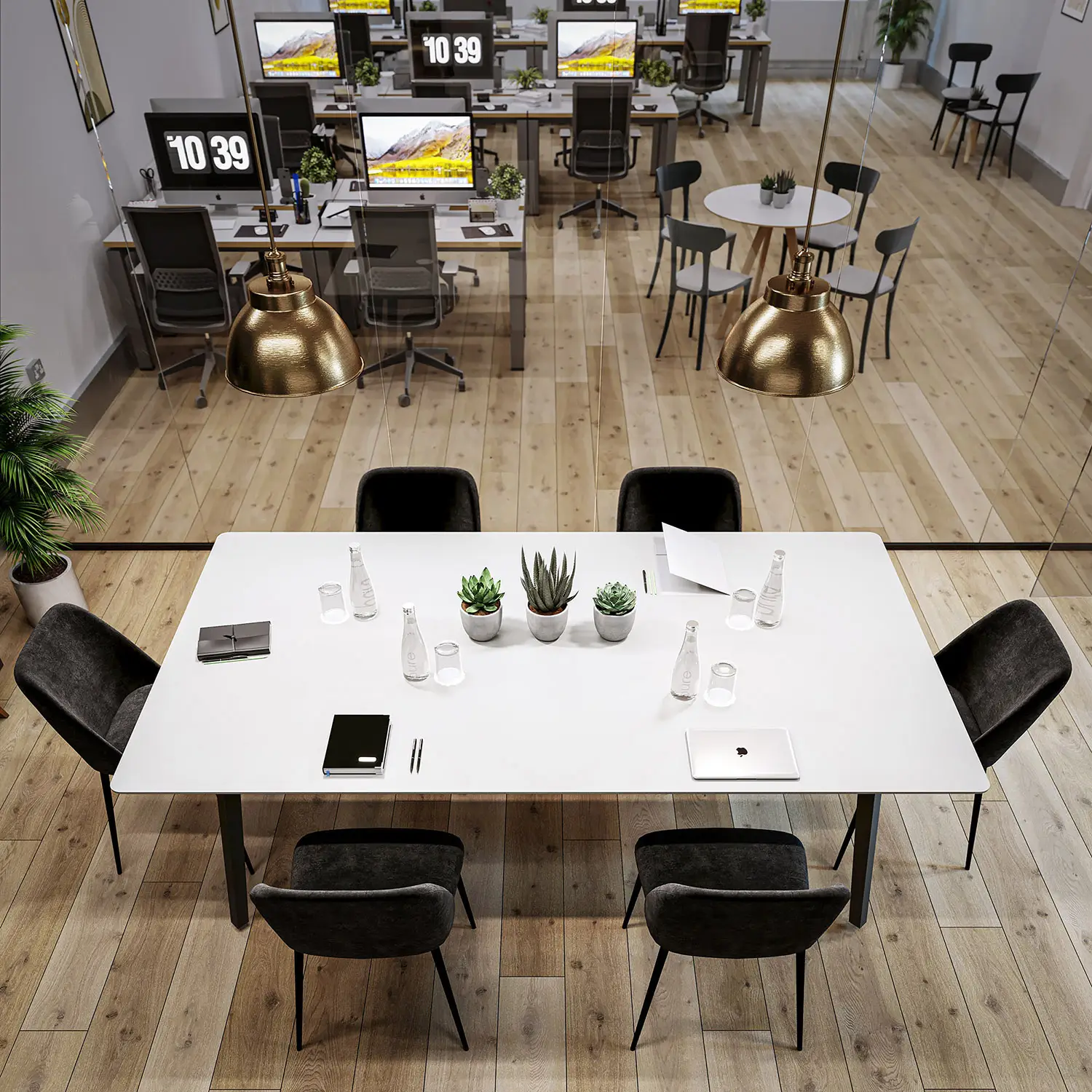 Top-down view of a modern office meeting room with a white table, black chairs, and indoor plants.