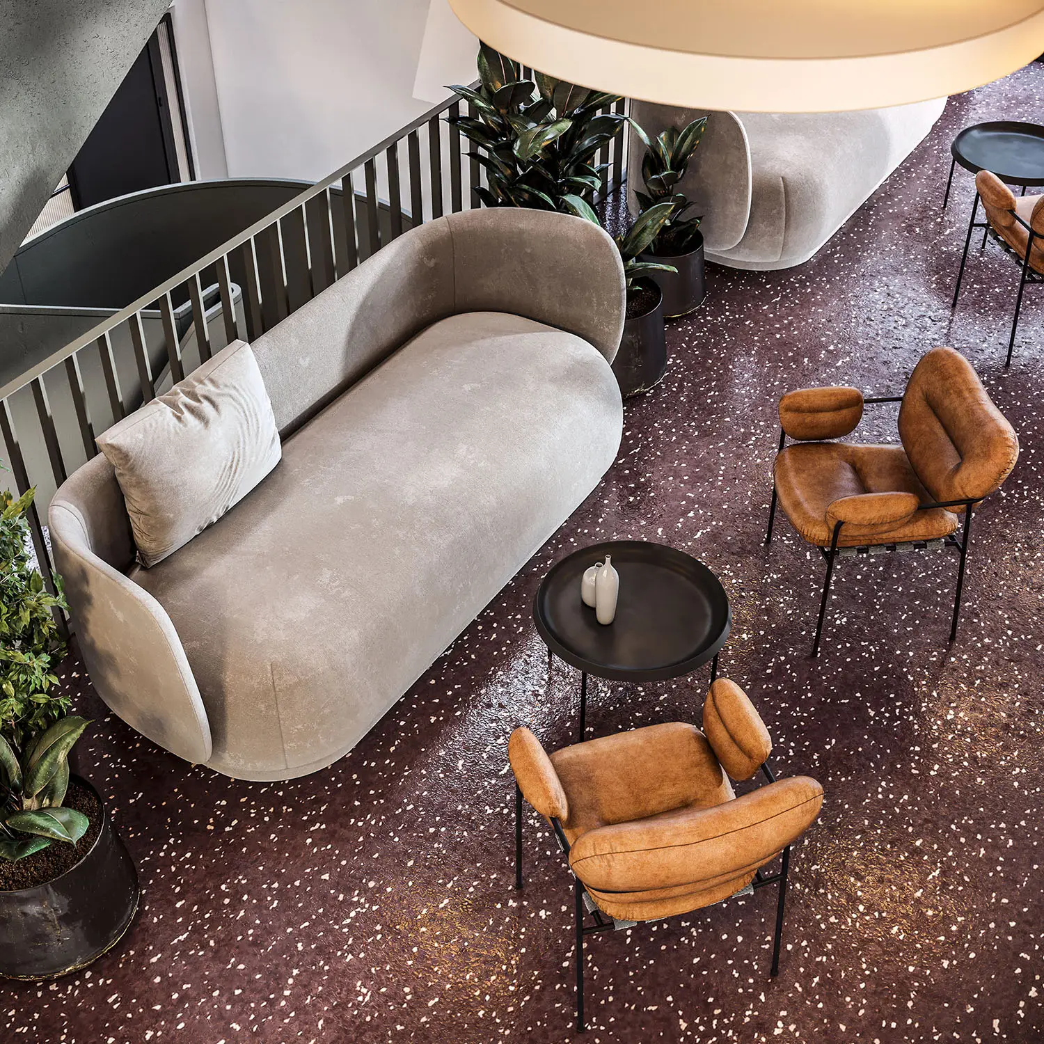 3D render of a modern lounge area with a beige sofa, brown armchairs, and potted plants, by 100CGI Studio.