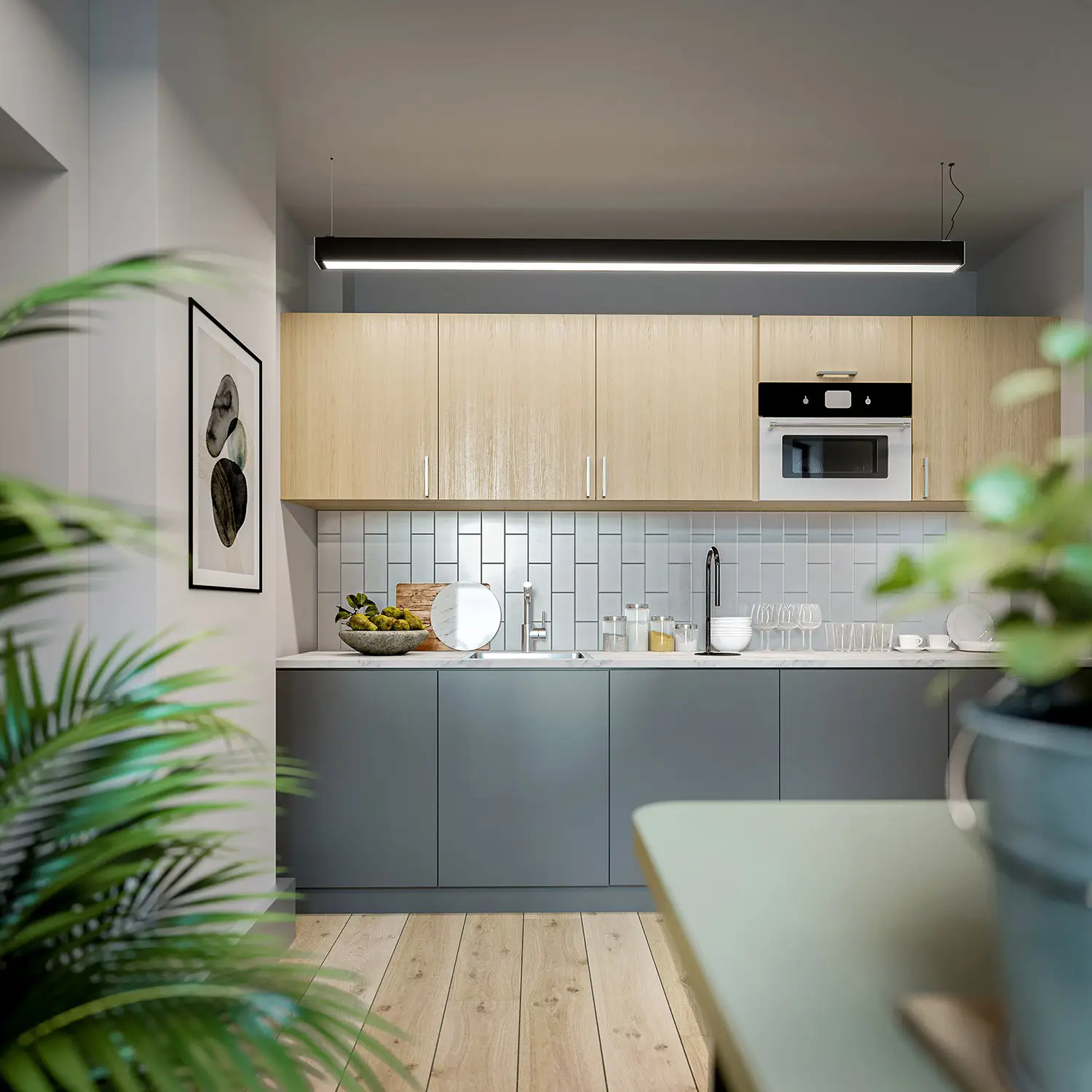 Contemporary kitchen render with wooden cabinets, modern appliances, and minimalist decor, by 100CGI Studio.