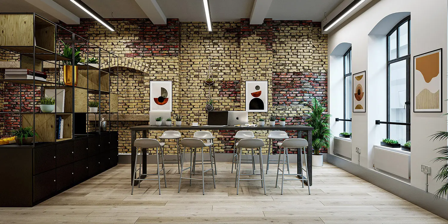 Industrial-style workspace render with brick walls, high table, bar stools, and large windows.