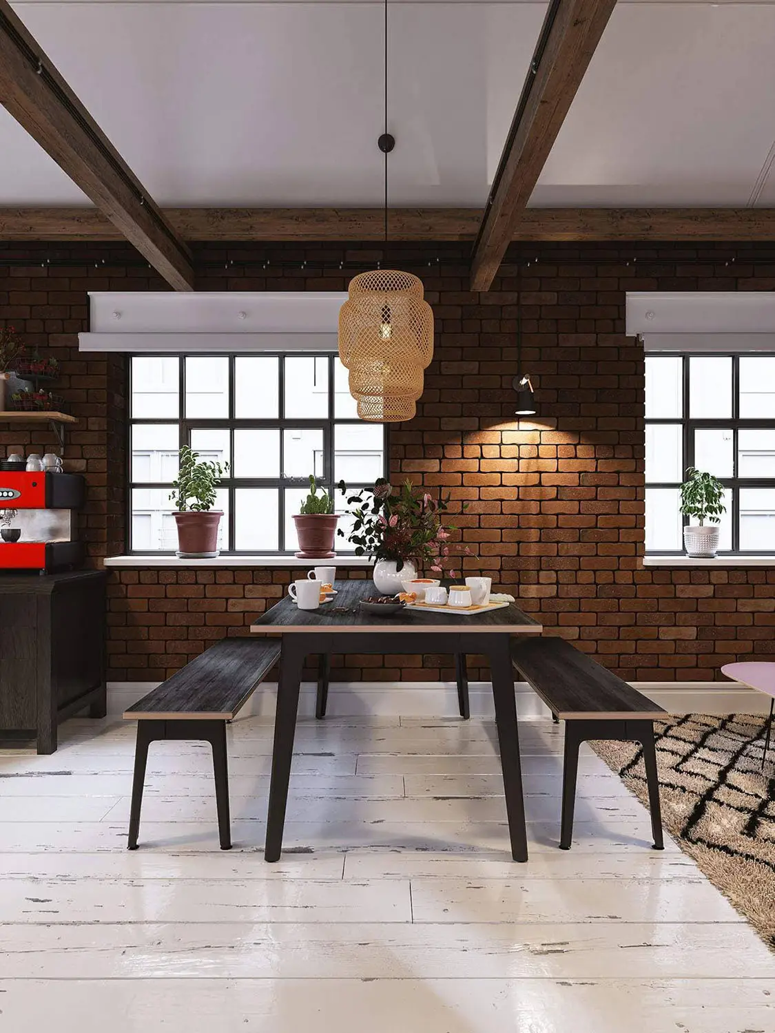 Visualization of a warm, rustic dining space with exposed brick walls and wooden beams.