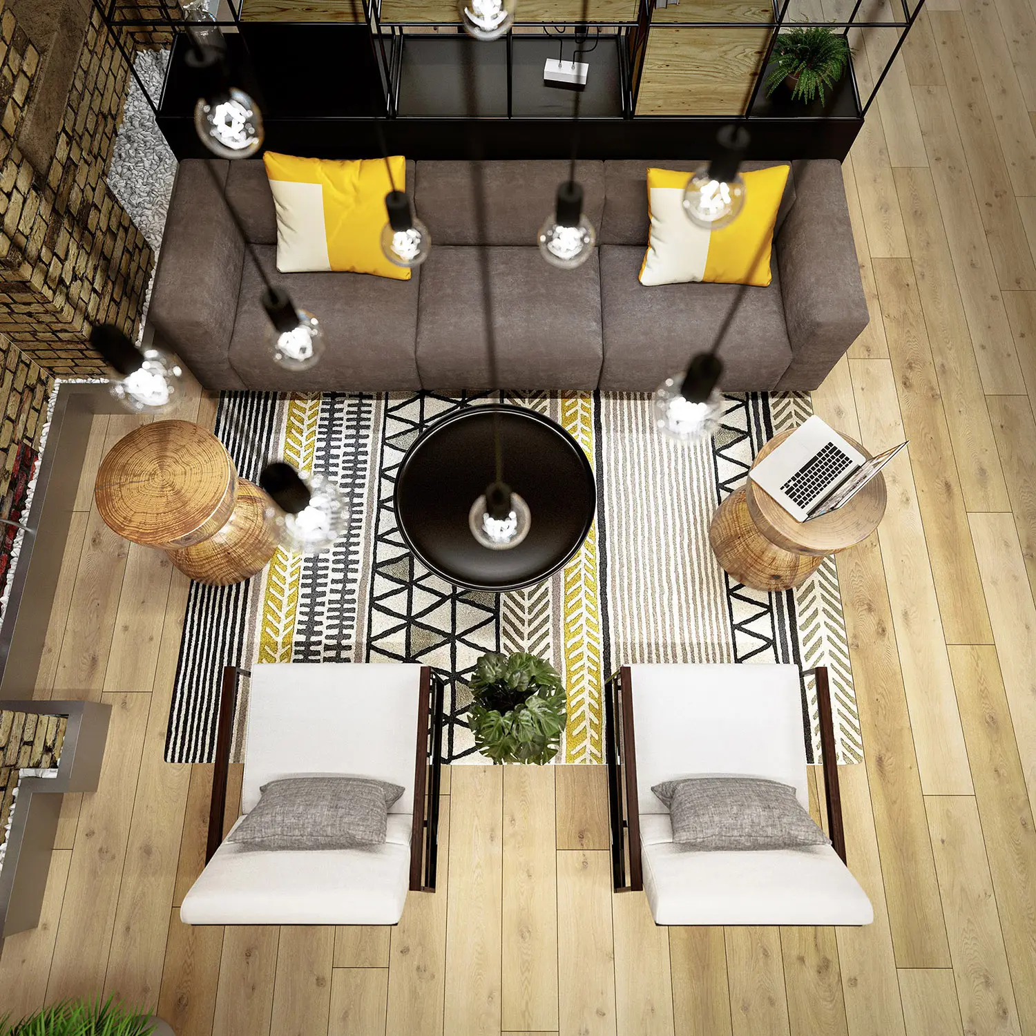 Visualization of a modern office lounge from above, featuring a warm and inviting seating arrangement.