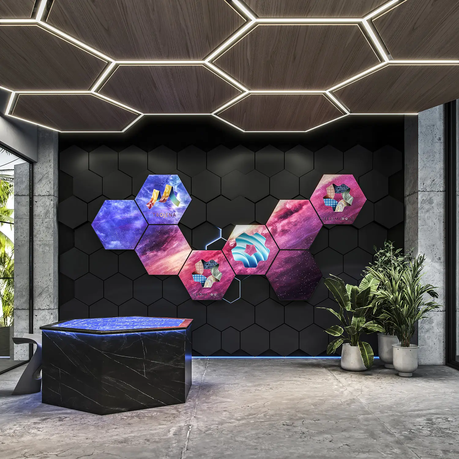 Render of a modern lobby with hexagonal digital screens and a sleek black marble reception desk.