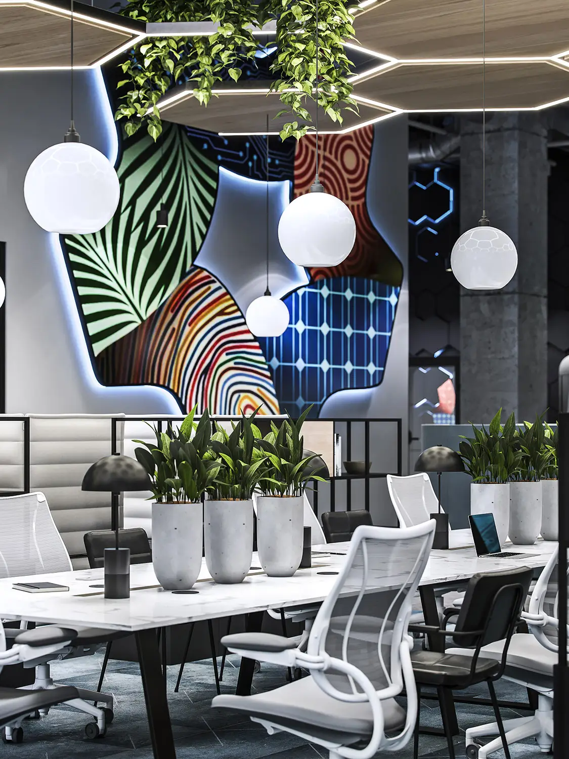 Render of a modern office with green plants, white chairs, and vibrant abstract wall art.