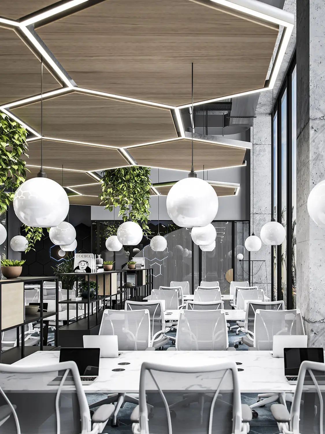 Render of a sleek office space with hexagonal ceiling lights, hanging plants, and white workstations.