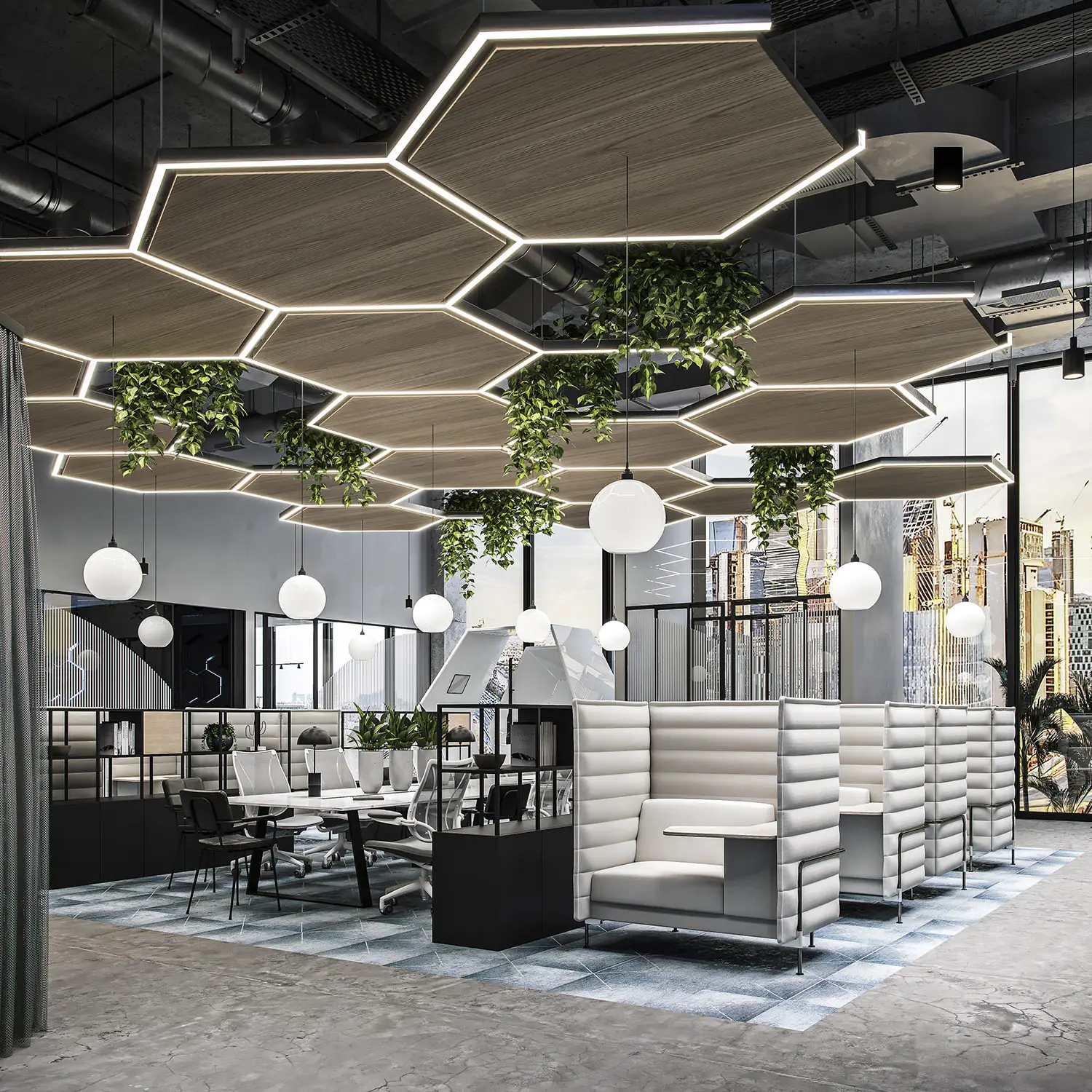 Render of a modern office space with hexagonal ceiling panels, green accents, and stylish seating pods.