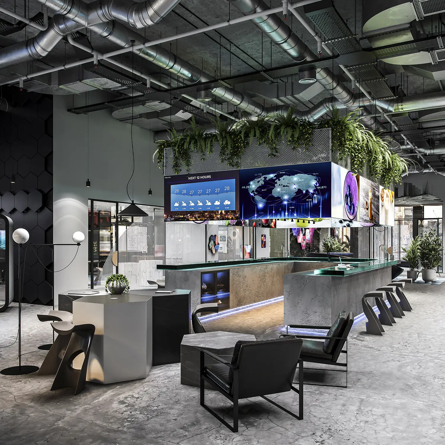 Render of a high-tech bar with digital screens, industrial decor, and modern seating under greenery.