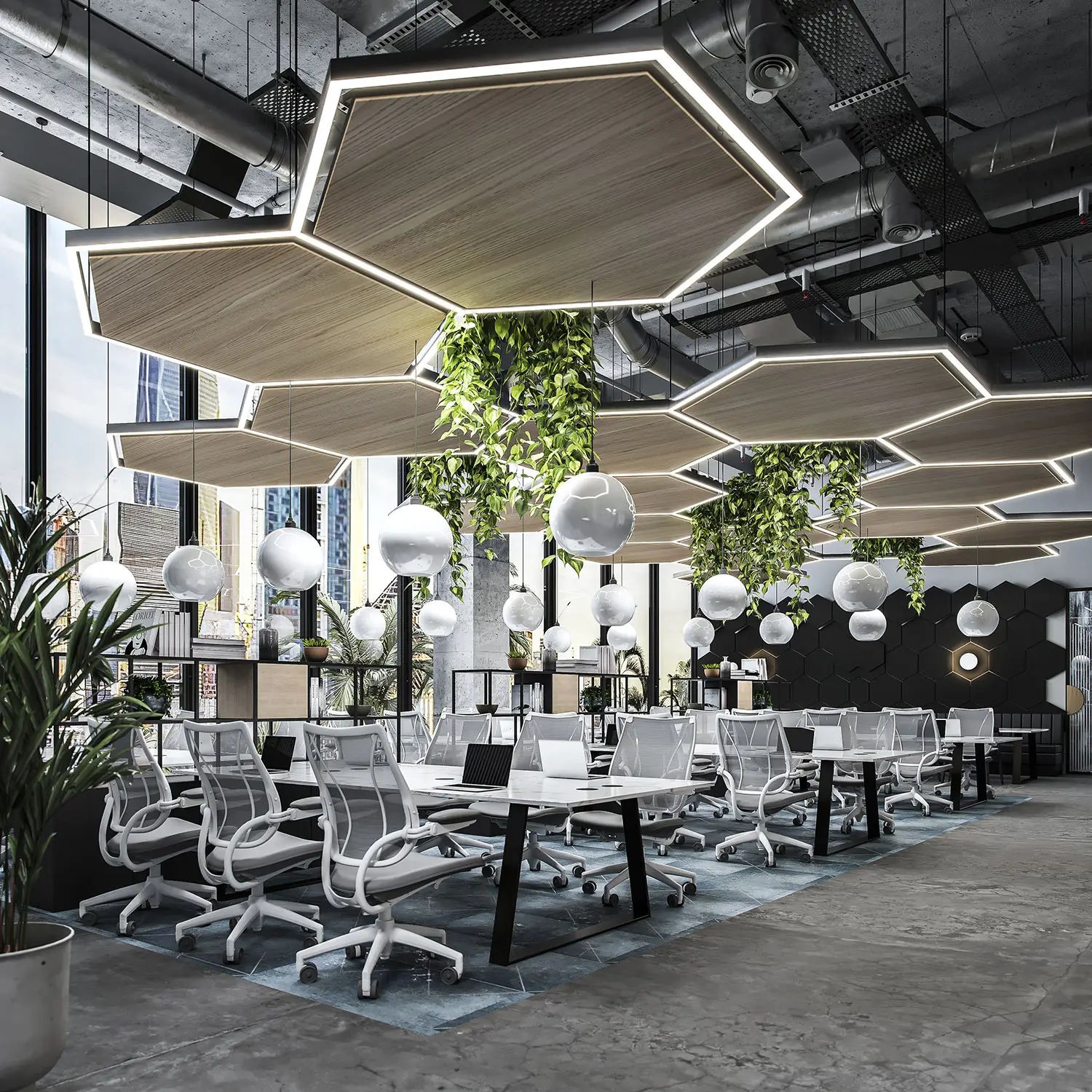 Render of a modern office with hexagonal ceiling lights, hanging plants, and sleek white workstations.