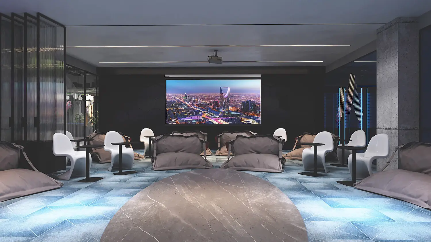 Render of a modern lounge with bean bags, sleek chairs, and a large screen showing a cityscape.