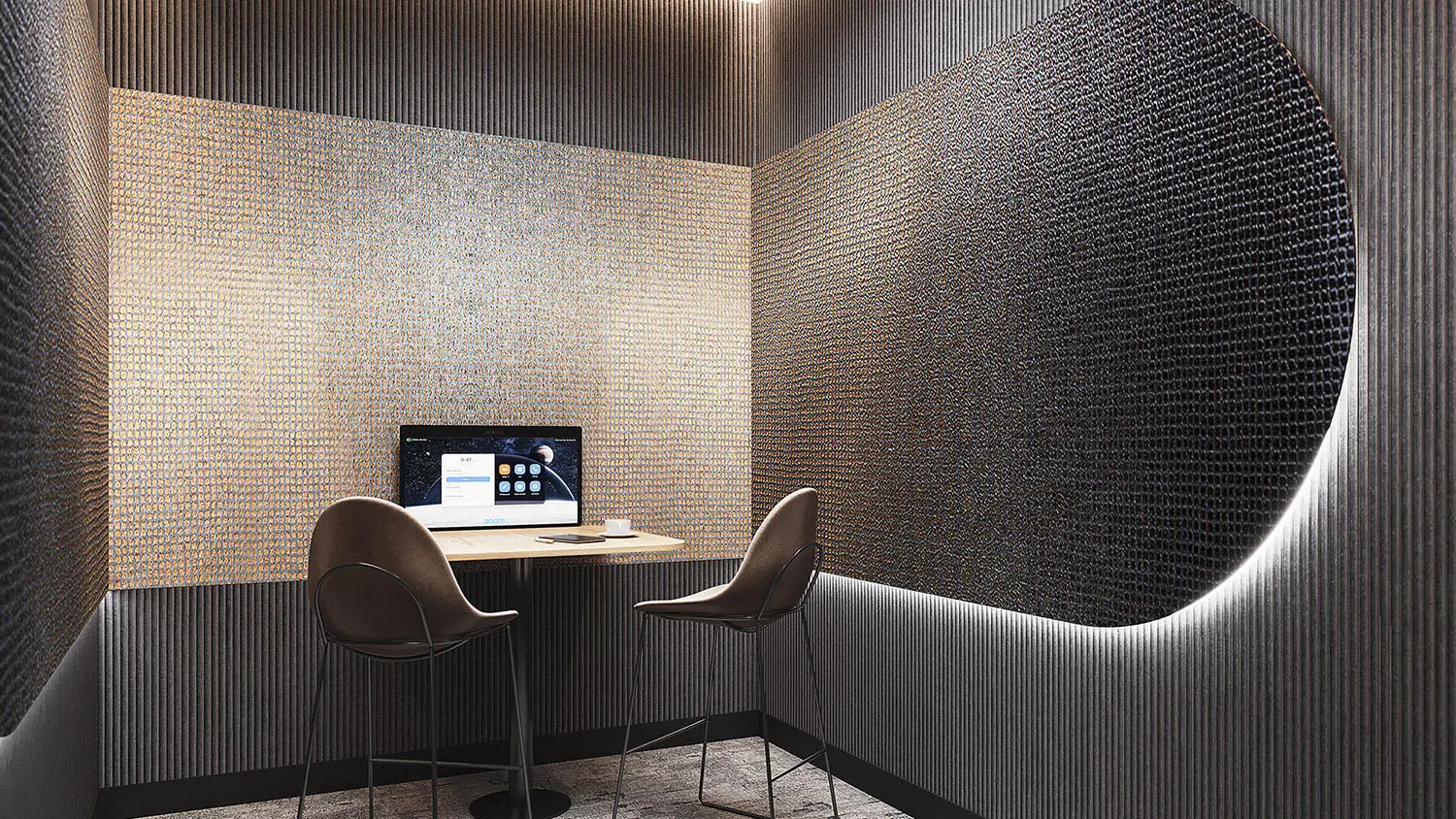 Render of a modern meeting pod with textured walls, sleek chairs, and a Zoom video call setup on a laptop