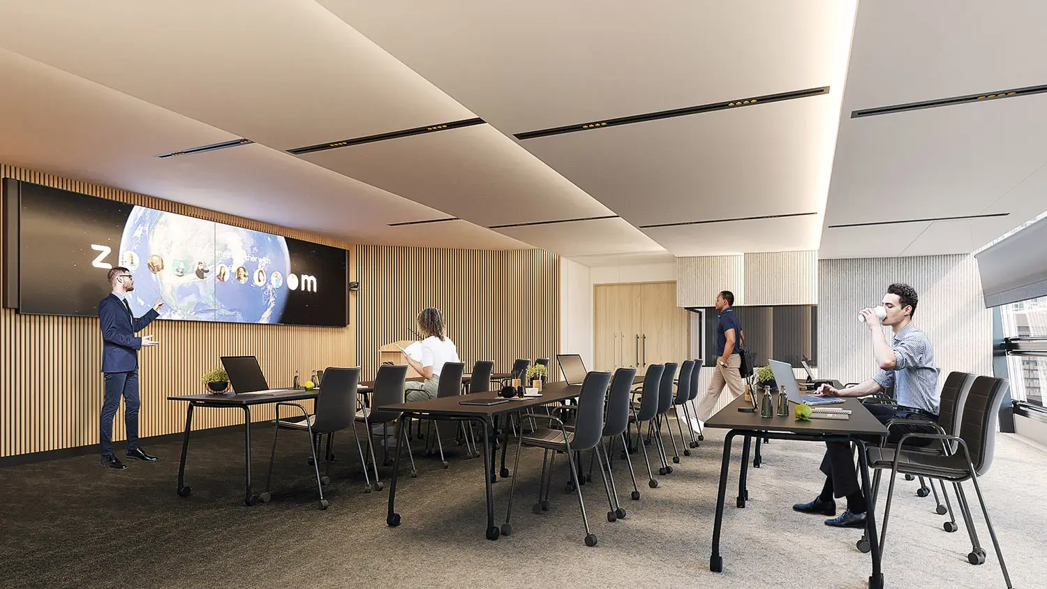 3D render of a modern conference room with a Zoom meeting screen and wooden paneling.