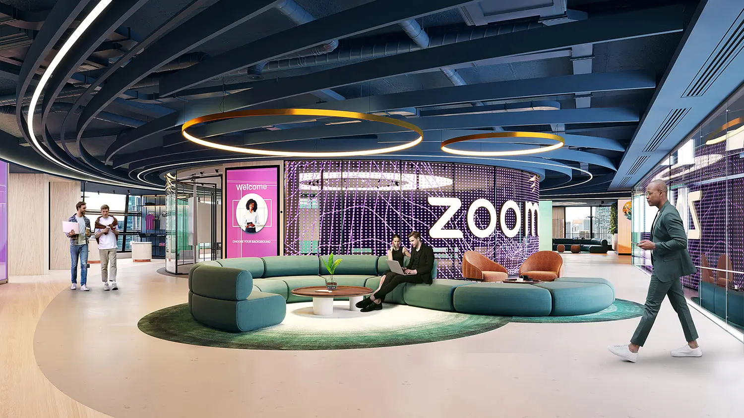 3D render of a futuristic Zoom office space with circular seating, digital displays, and people interacting in a modern environment, by 100CGI Studio.