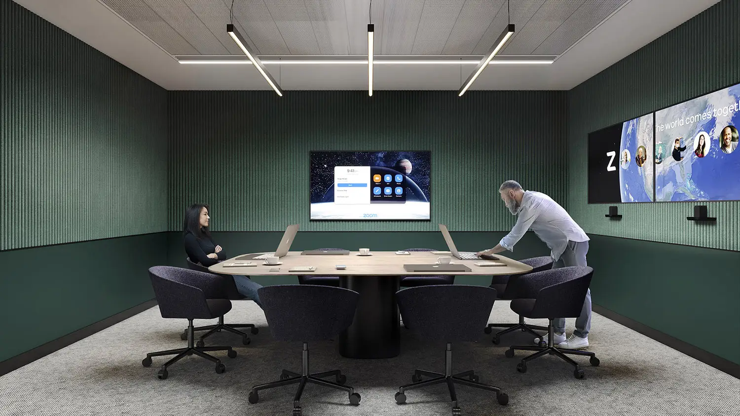 3D render of a modern conference room with a large table, Zoom video screens, and two people working, by 100CGI Studio.