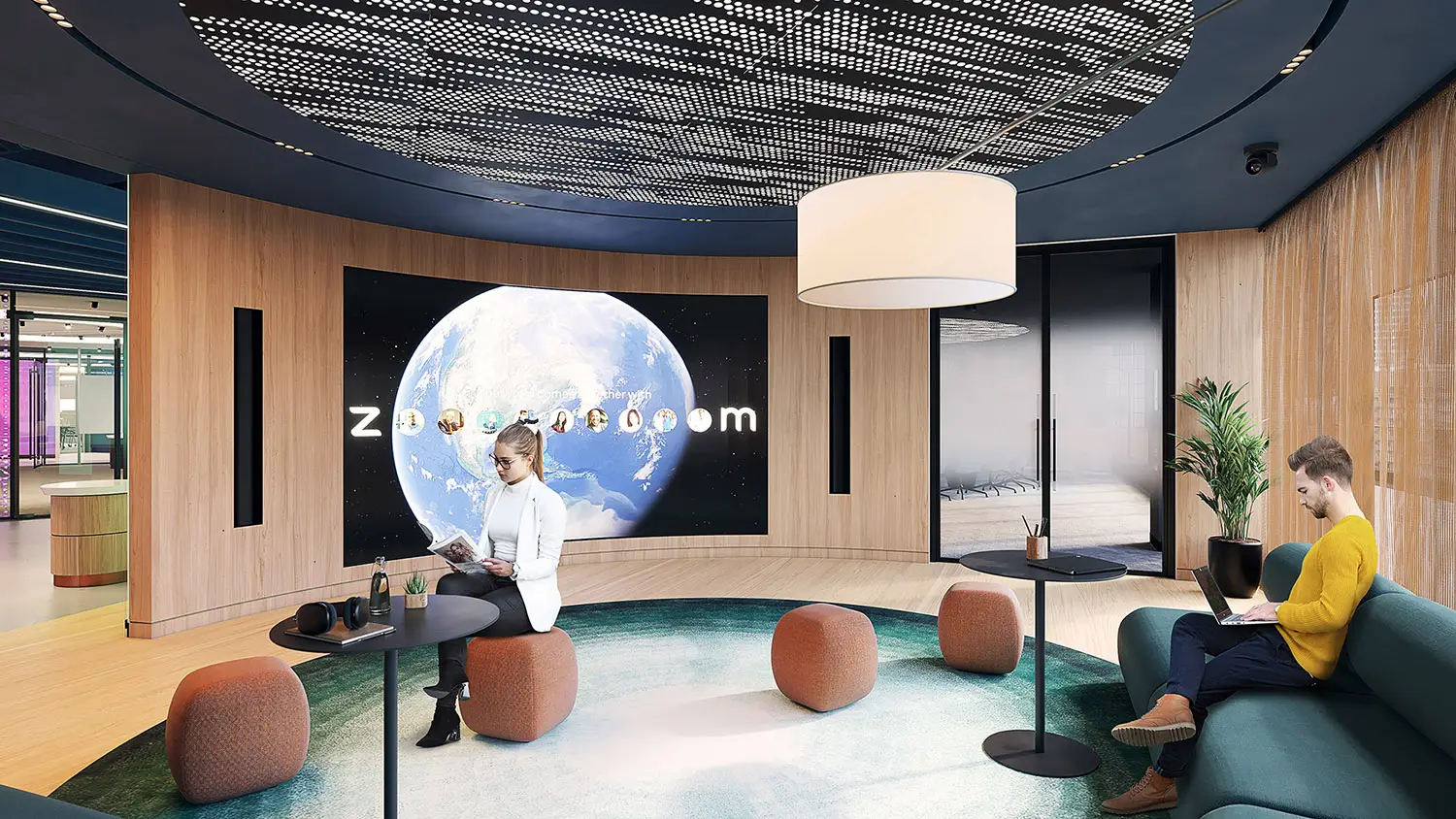 3D render of a modern lounge with a Zoom screen and perforated ceiling design.