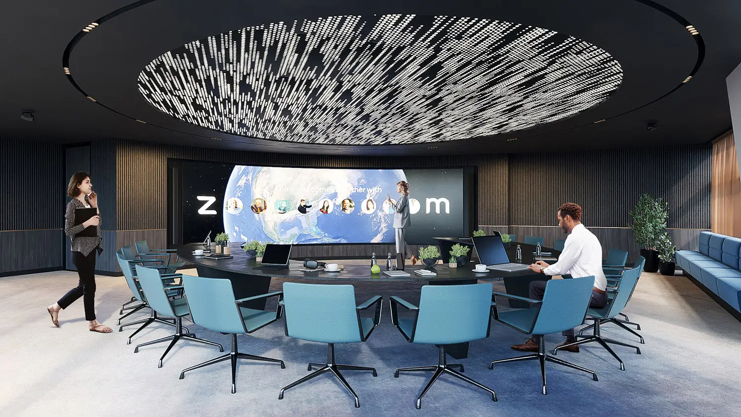 3D render of a spacious conference room with a circular table and Zoom interface.