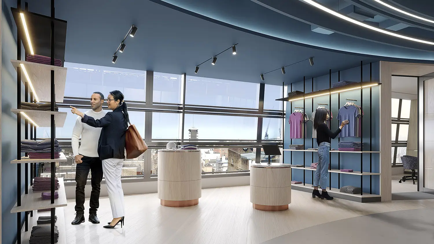 3D render of a modern retail space with clothing displays, large windows, and customers browsing, by 100CGI Studio.