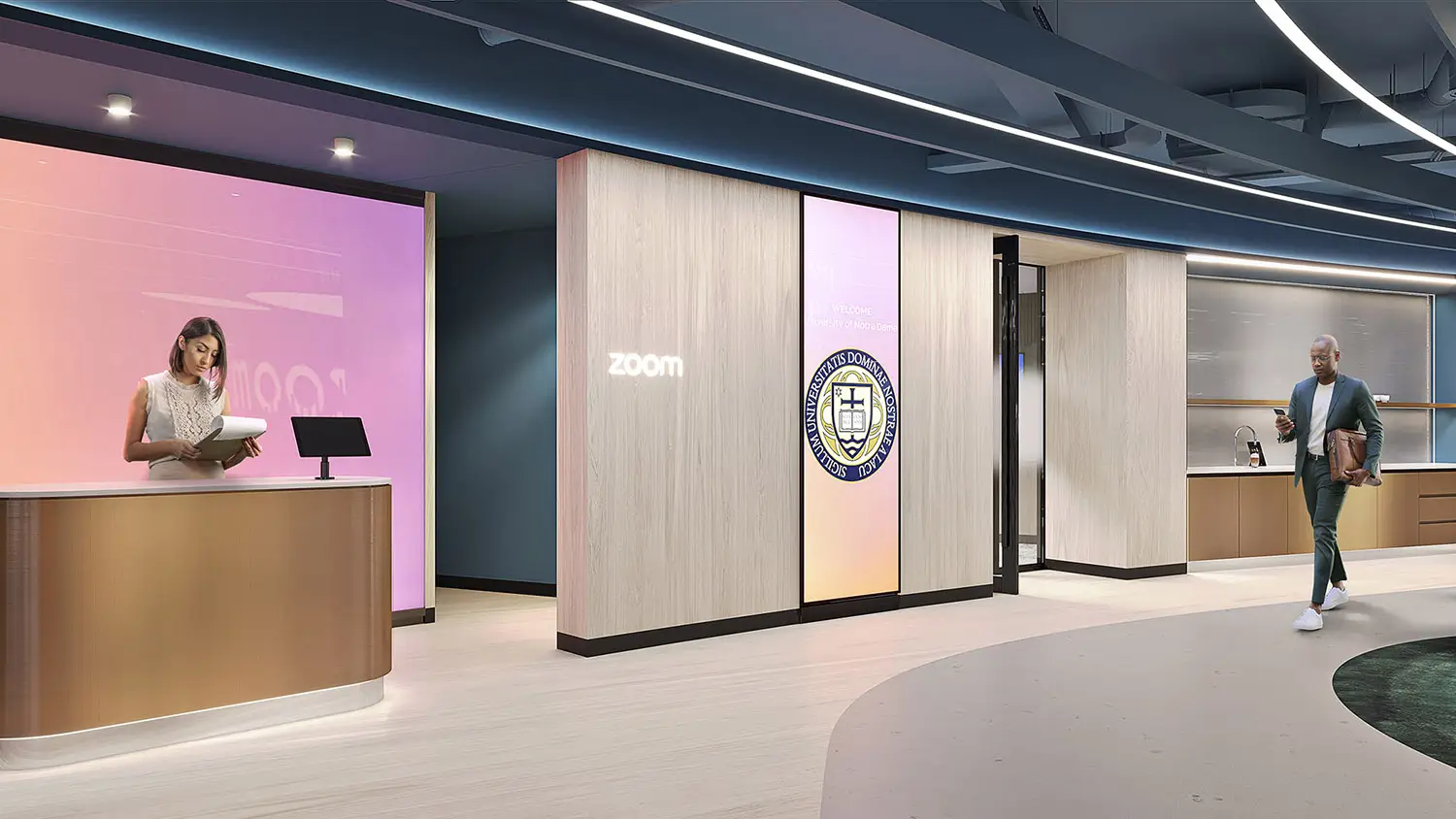 Modern office lobby render with Zoom branding, receptionist, and walking man in business attire, by 100CGI Studio.