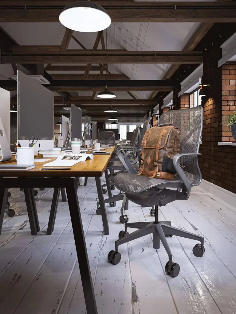 Render of a modern open-plan office with industrial design, wooden beams, and exposed brick walls.