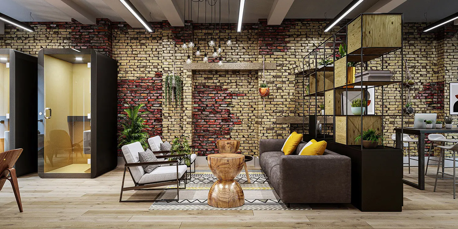 Render of a modern industrial office lounge with phone booths and exposed brick walls.