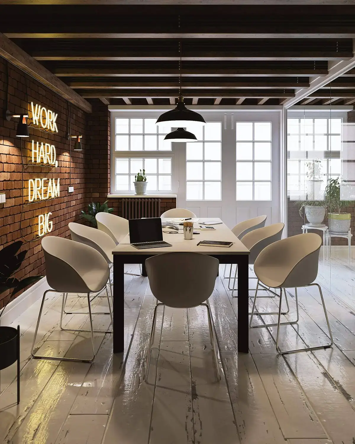 Modern meeting room with brick walls, neon sign, and white chairs around the table.