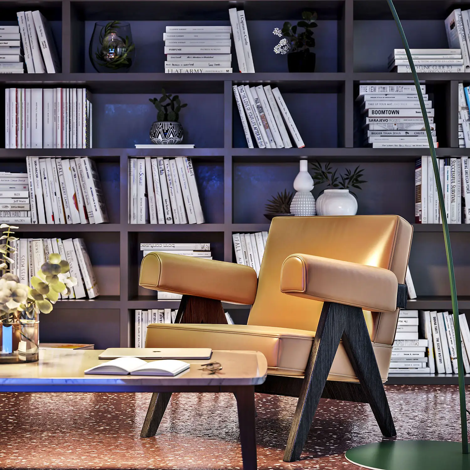 Stylish reading nook with a modern armchair, bookshelf filled with books, and a coffee table.