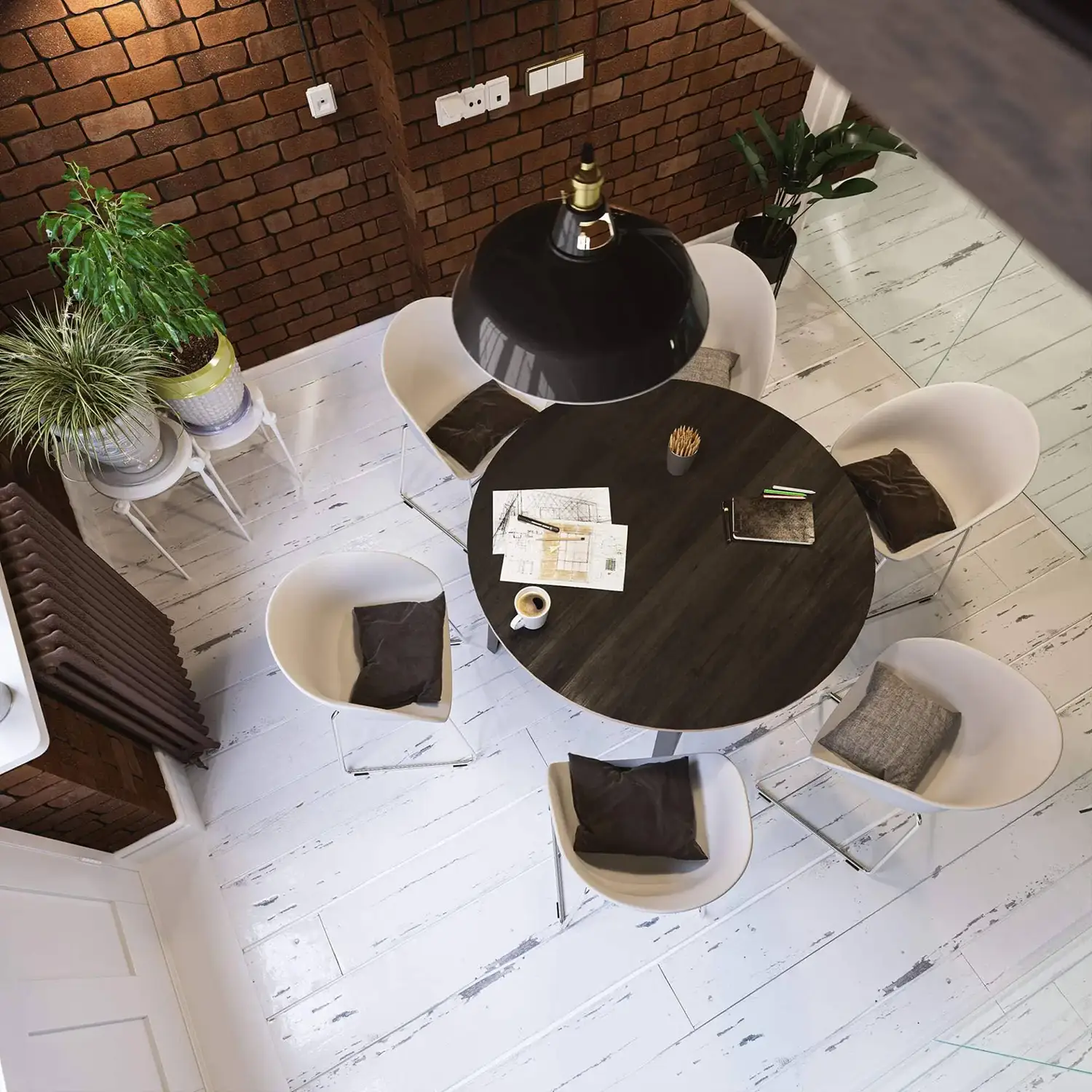 Render of a cozy meeting space with round table, white chairs, and brick walls, top-down perspective.