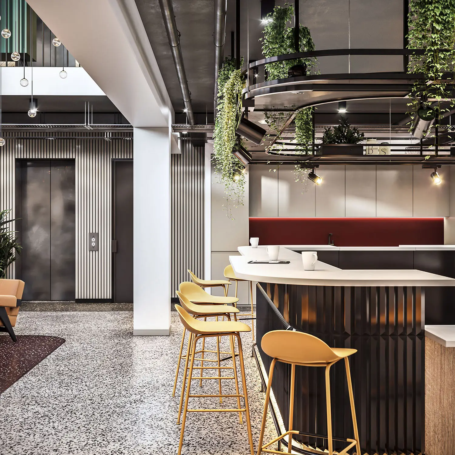 Render of a modern office bar area with yellow stools, hanging plants, and minimalist decor.