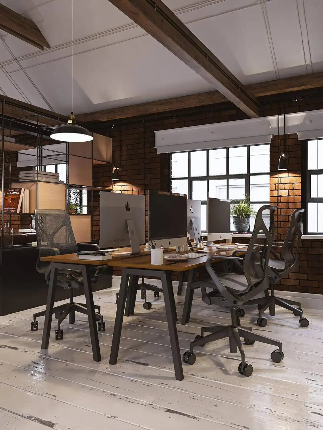 Industrial-style office render with exposed beams, brick walls, and modern desks, by 100CGI Studio.